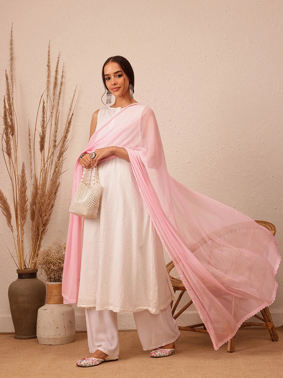 Ada Hand Embroidered Pink Chiffon Lucknowi Chikankari Dupatta A511224