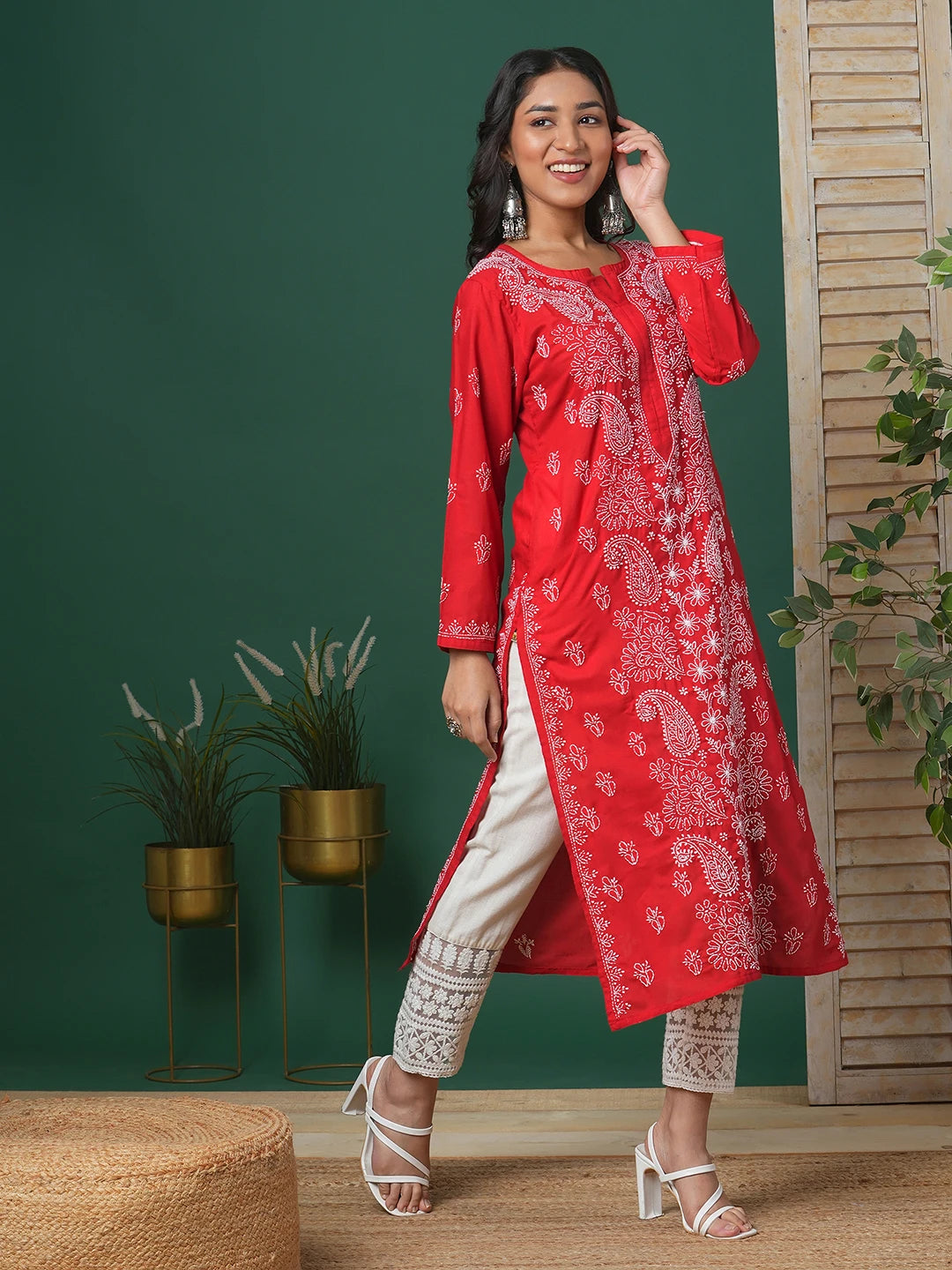 Ada Hand Embroidered Red Cotton Lucknowi Chikankari Straight Kurta A411681