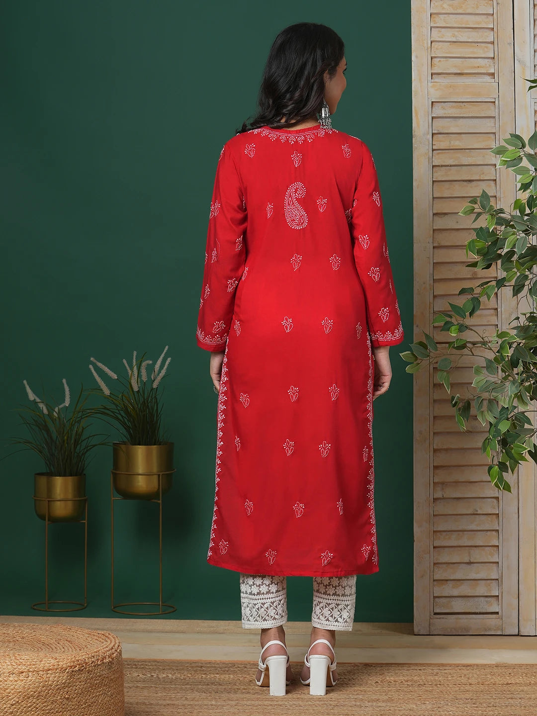 Ada Hand Embroidered Red Cotton Lucknowi Chikankari Straight Kurta A411681