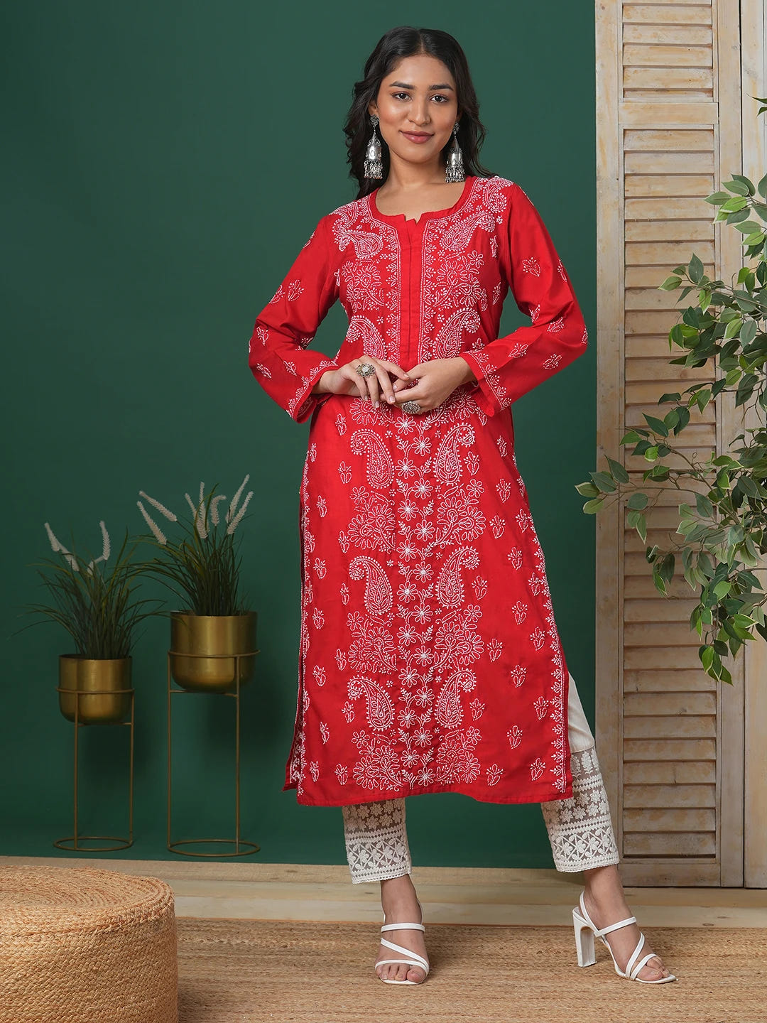 Ada Hand Embroidered Red Cotton Lucknowi Chikankari Straight Kurta A411681