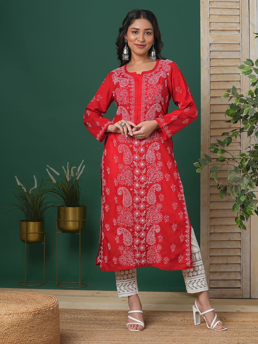 Ada Hand Embroidered Red Cotton Lucknowi Chikankari Straight Kurta A411681
