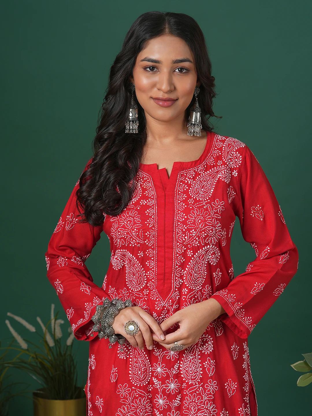 Ada Hand Embroidered Red Cotton Lucknowi Chikankari Straight Kurta A411681