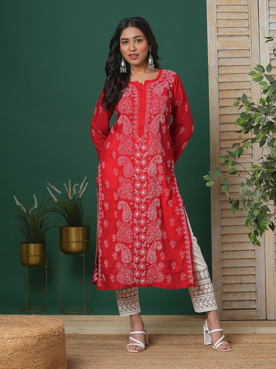 Ada Hand Embroidered Red Cotton Lucknowi Chikankari Straight Kurta A411681