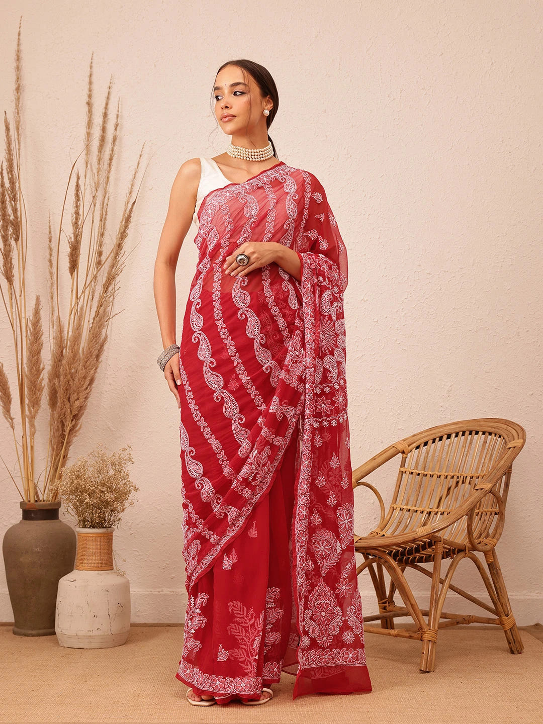 Ada Hand Embroidered Red Georgette Lucknowi Chikankari Saree With Blouse A311237