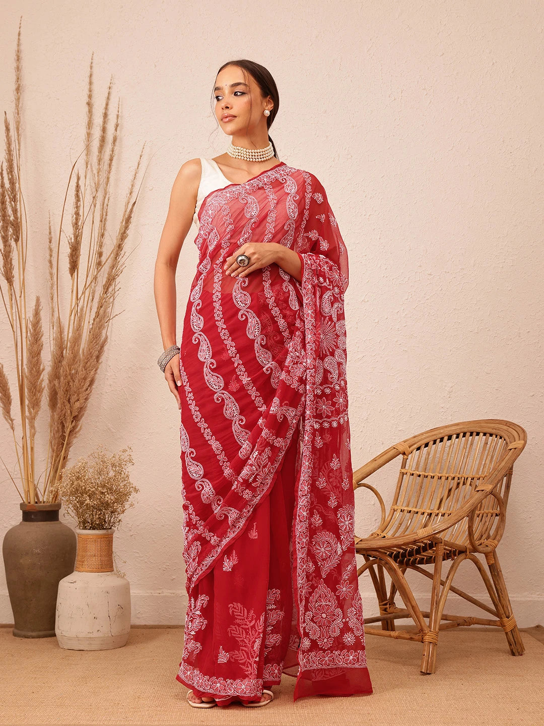 Ada Hand Embroidered Red Georgette Lucknowi Chikankari Saree With Blouse A311237