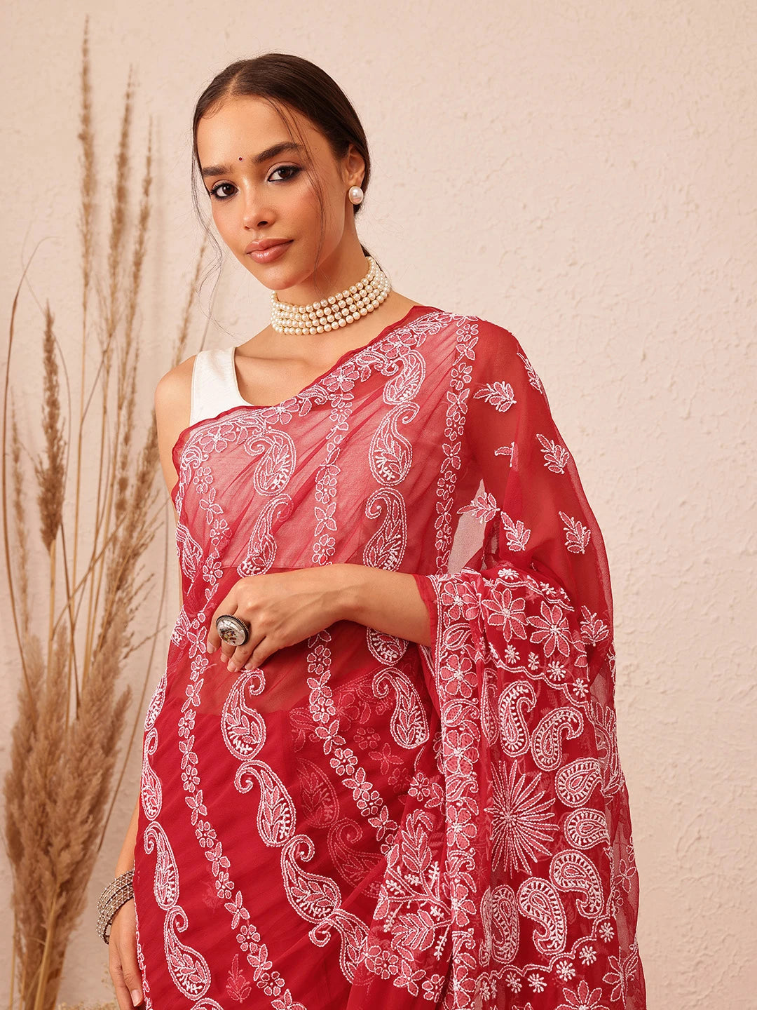 Ada Hand Embroidered Red Georgette Lucknowi Chikankari Saree With Blouse A311237