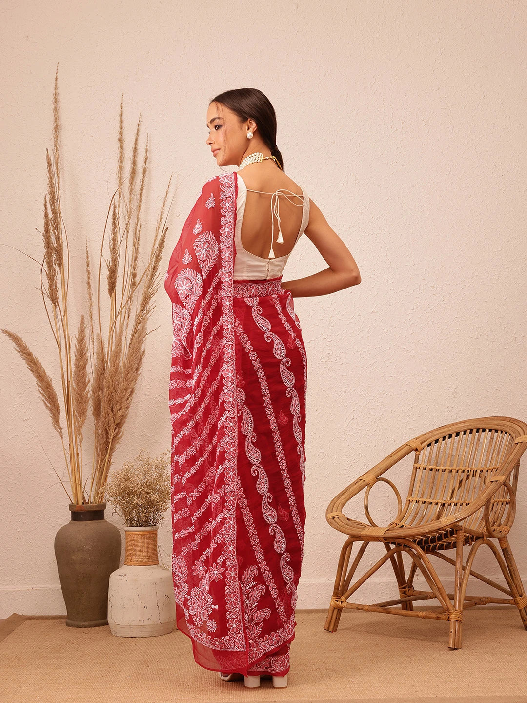 Ada Hand Embroidered Red Georgette Lucknowi Chikankari Saree With Blouse A311237
