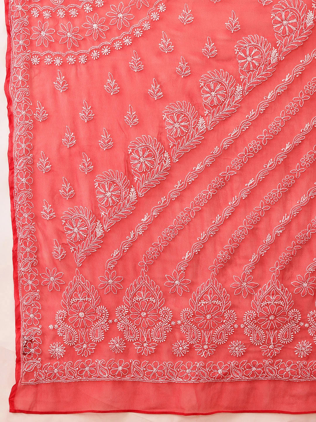 Ada Hand Embroidered Red Georgette Lucknowi Chikankari Saree With Blouse A311237
