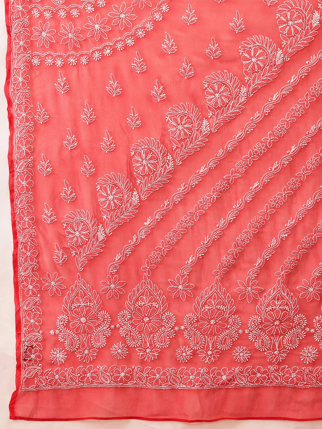 Ada Hand Embroidered Red Georgette Lucknowi Chikankari Saree With Blouse A311237