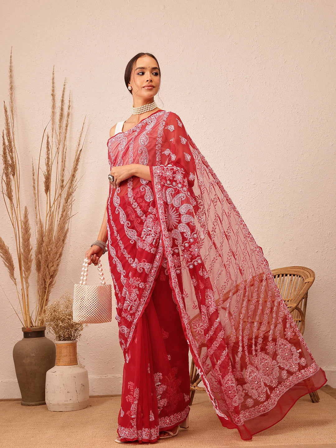 Ada Hand Embroidered Red Georgette Lucknowi Chikankari Saree With Blouse A311237