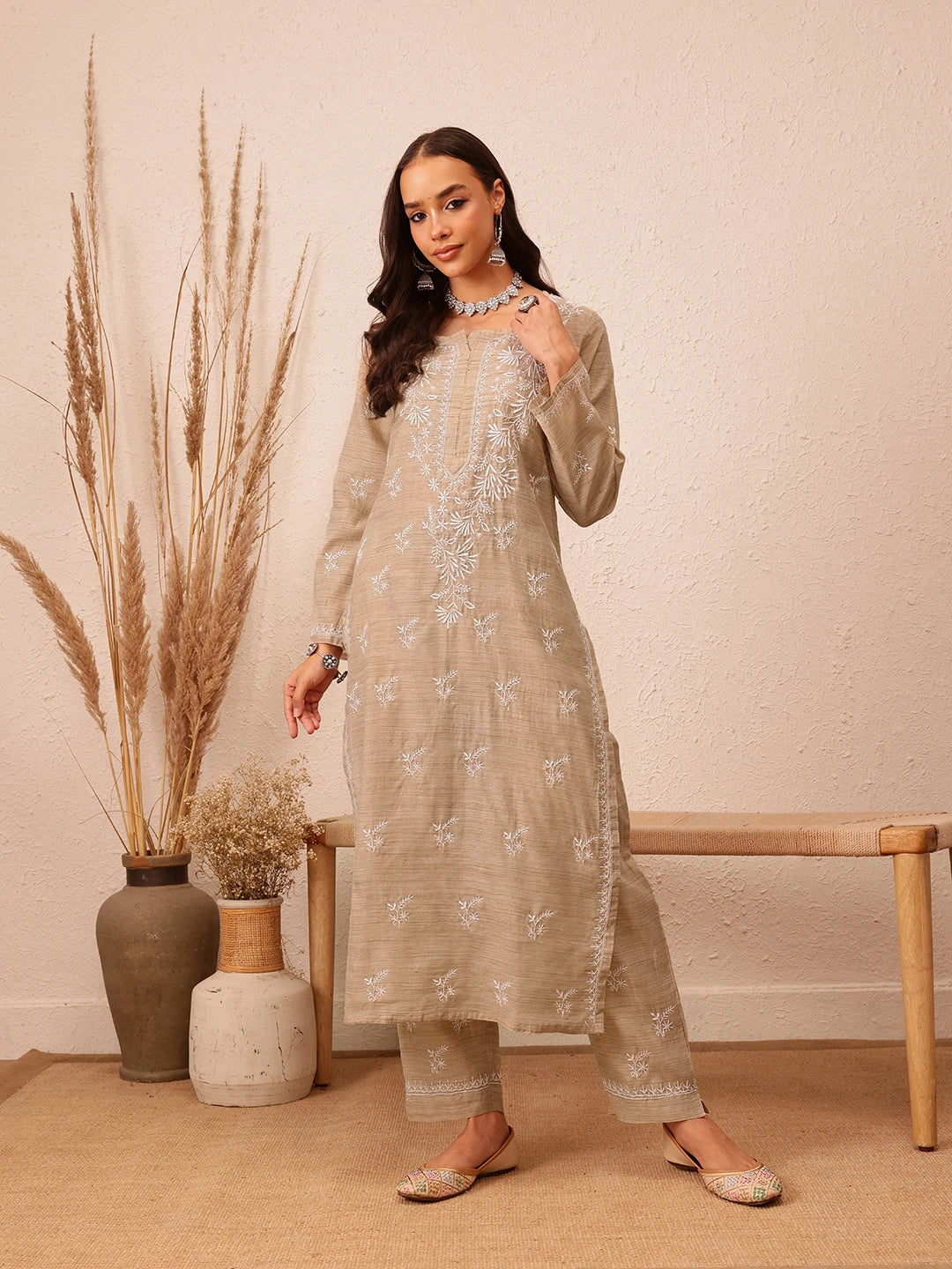 Ada Hand Embroidered Fawn Khadi Lucknowi Chikankari Co-Ord Set A811293