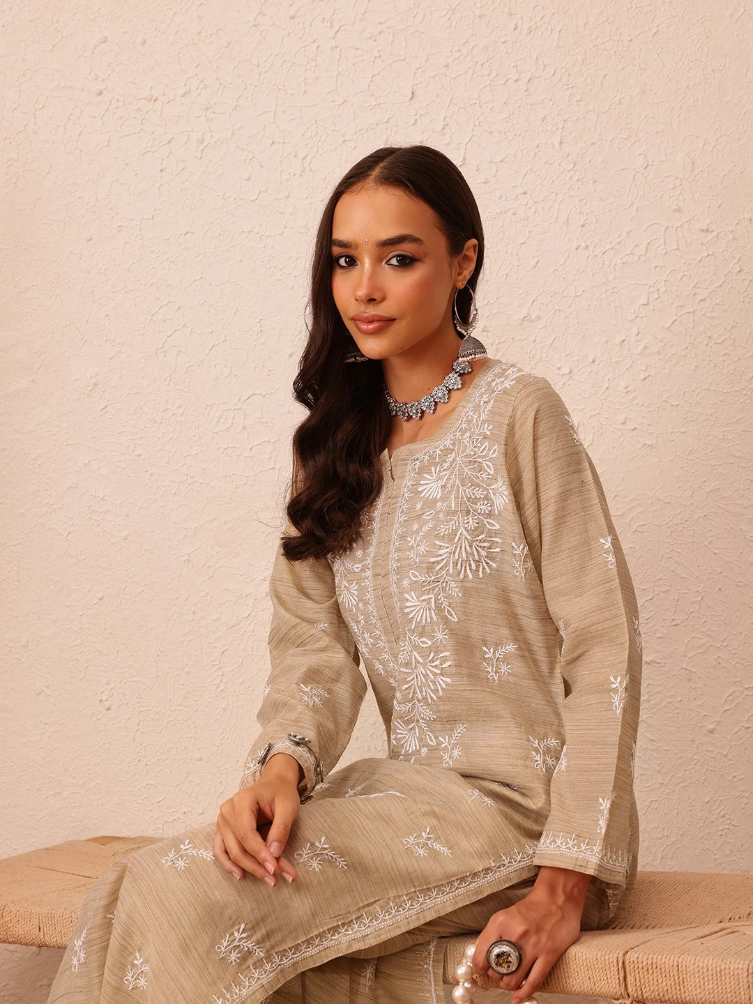 Ada Hand Embroidered Fawn Khadi Lucknowi Chikankari Co-Ord Set A811293