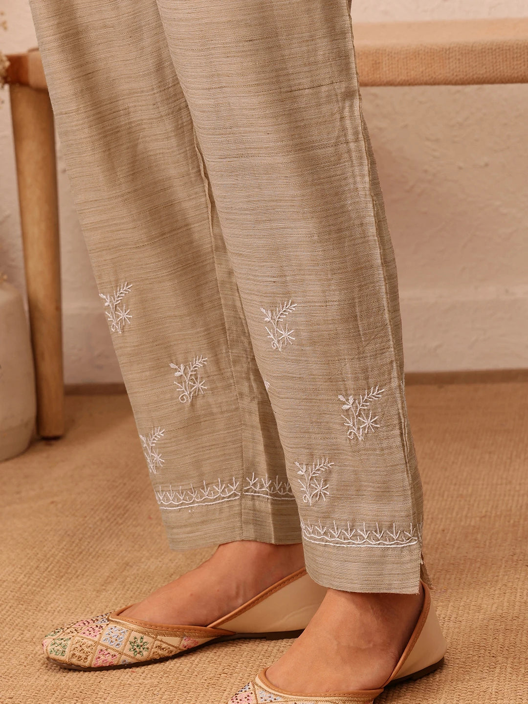 Ada Hand Embroidered Fawn Khadi Lucknowi Chikankari Co-Ord Set A811293