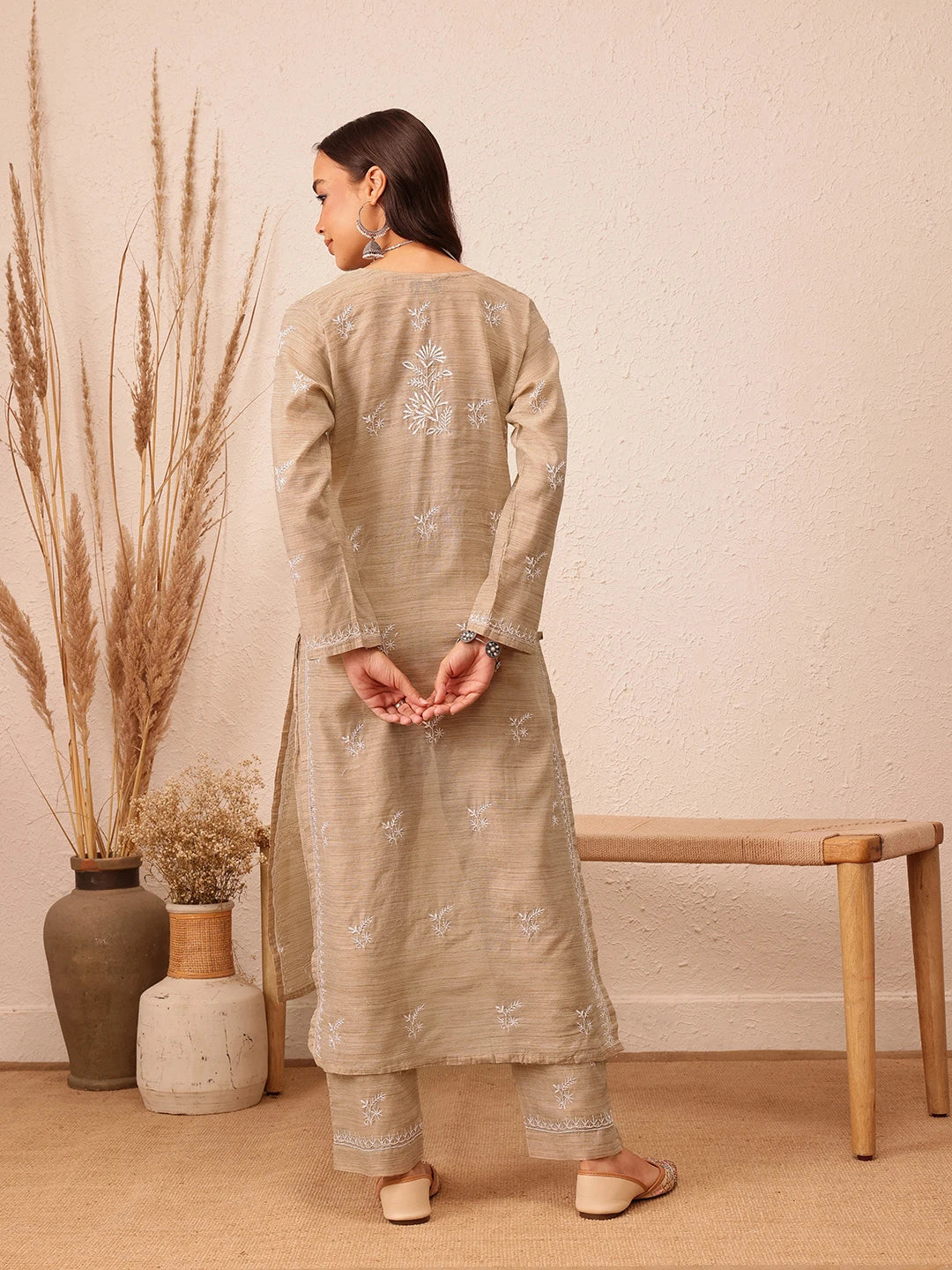 Ada Hand Embroidered Fawn Khadi Lucknowi Chikankari Co-Ord Set A811293