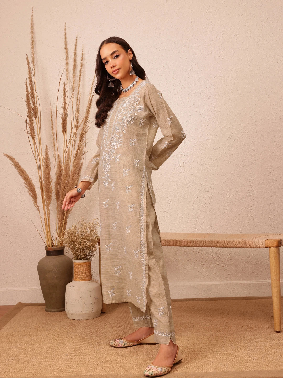 Ada Hand Embroidered Fawn Khadi Lucknowi Chikankari Co-Ord Set A811293