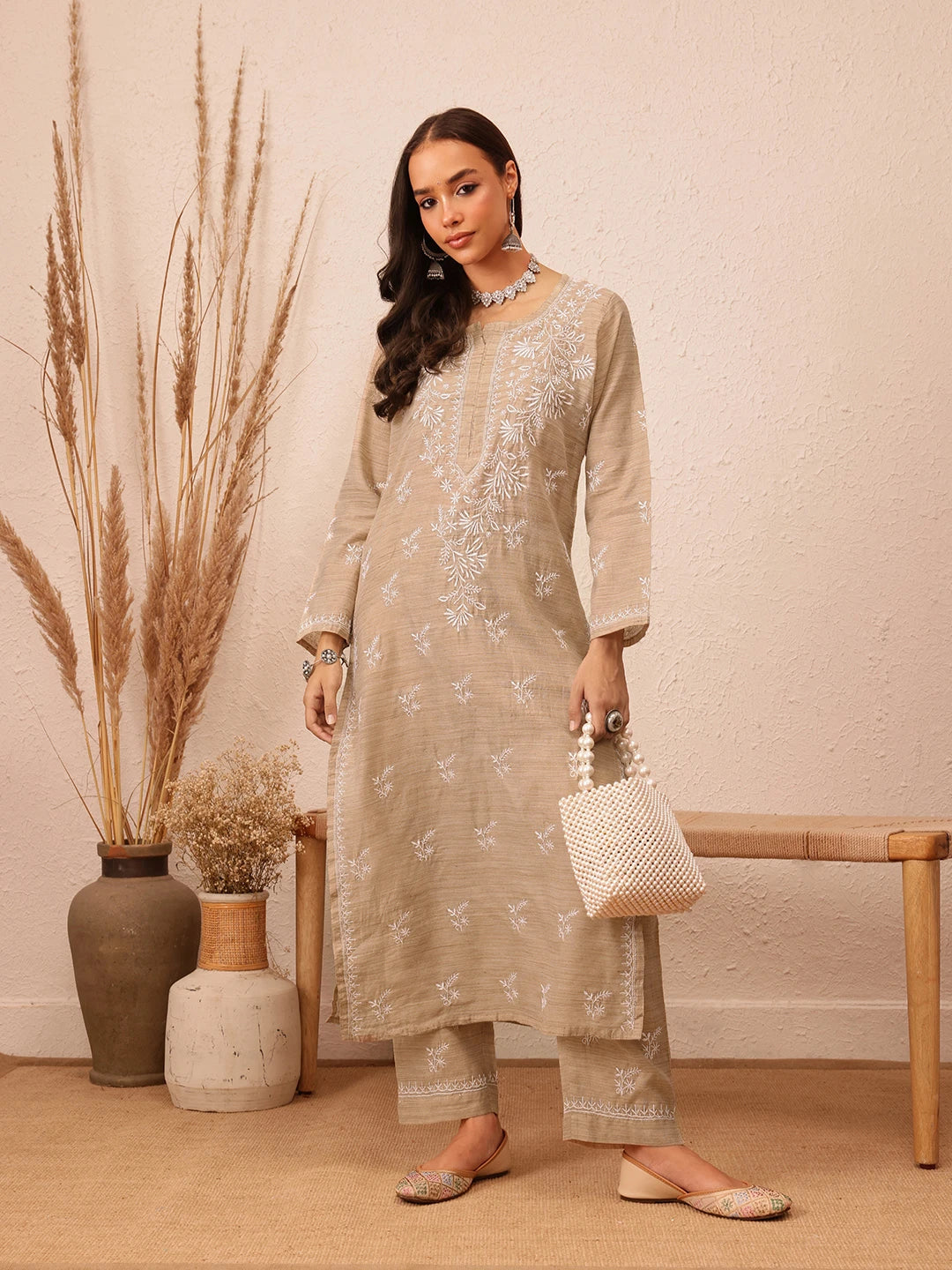 Ada Hand Embroidered Fawn Khadi Lucknowi Chikankari Co-Ord Set A811293