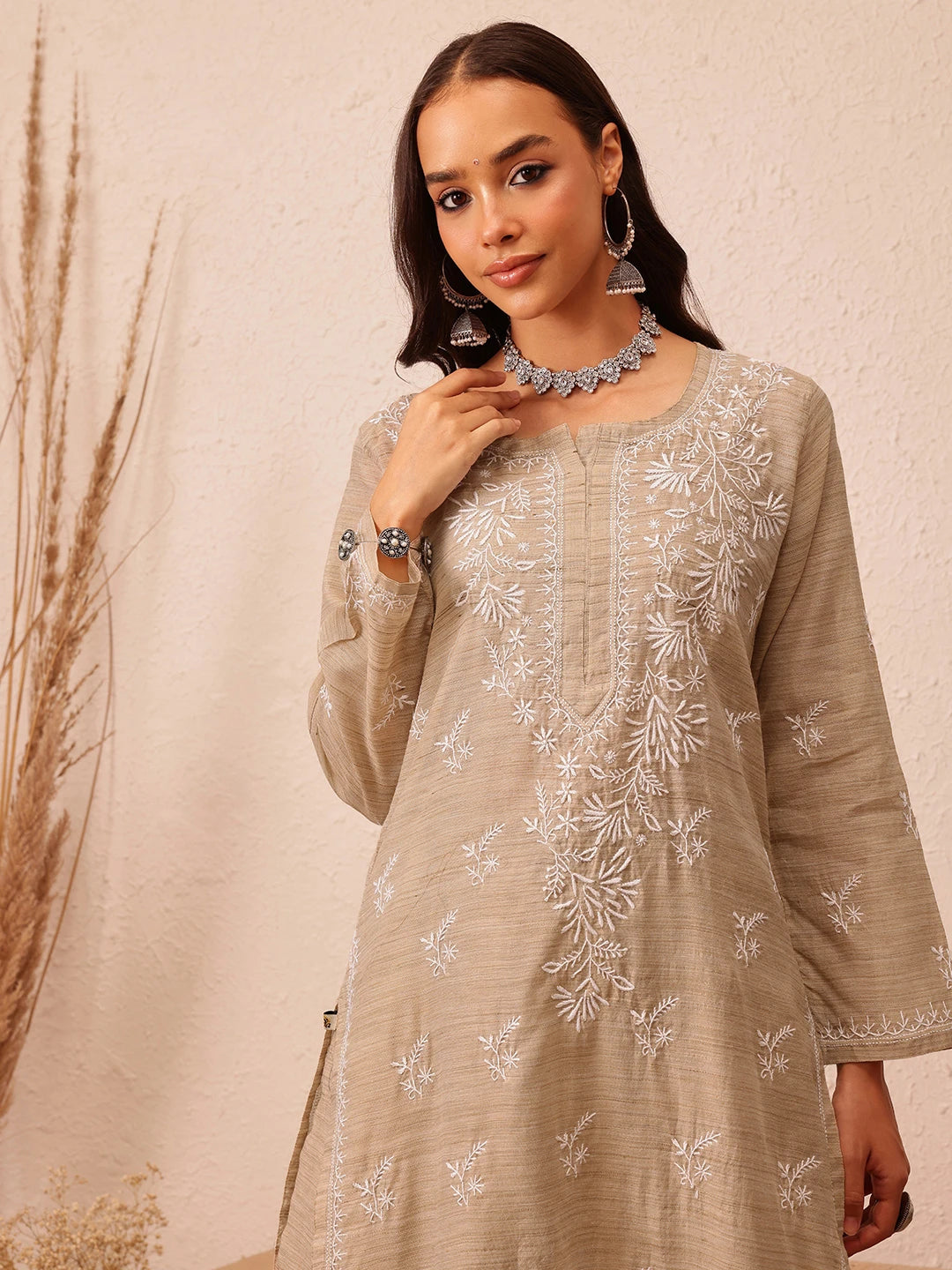 Ada Hand Embroidered Fawn Khadi Lucknowi Chikankari Co-Ord Set A811293