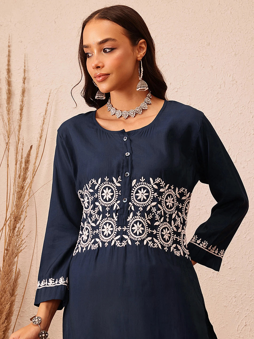 Ada Hand Embroidered Navy Blue Cotton Lucknowi Chikankari Co-Ord Set A811296