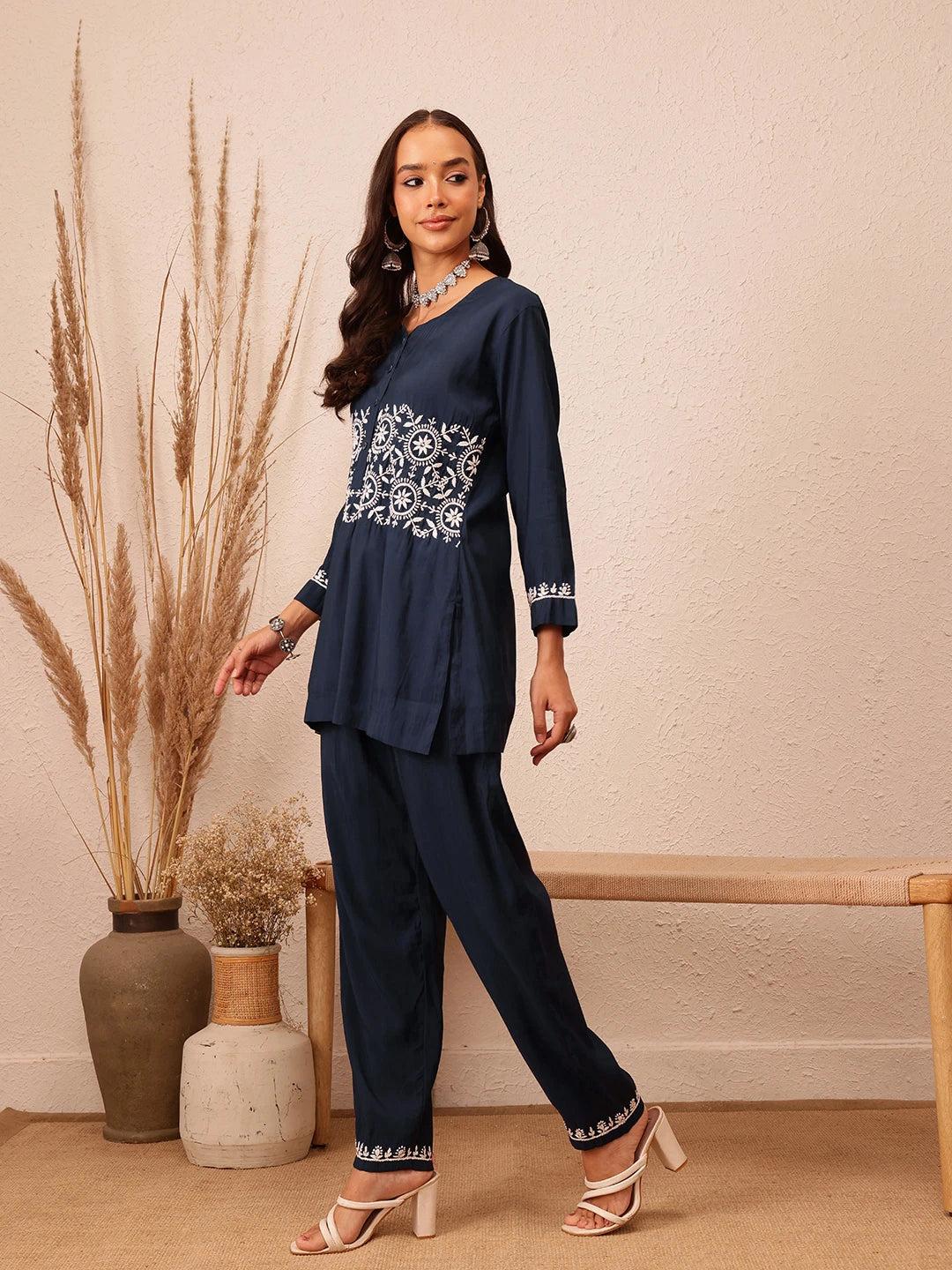 Ada Hand Embroidered Navy Blue Cotton Lucknowi Chikankari Co-Ord Set A811296