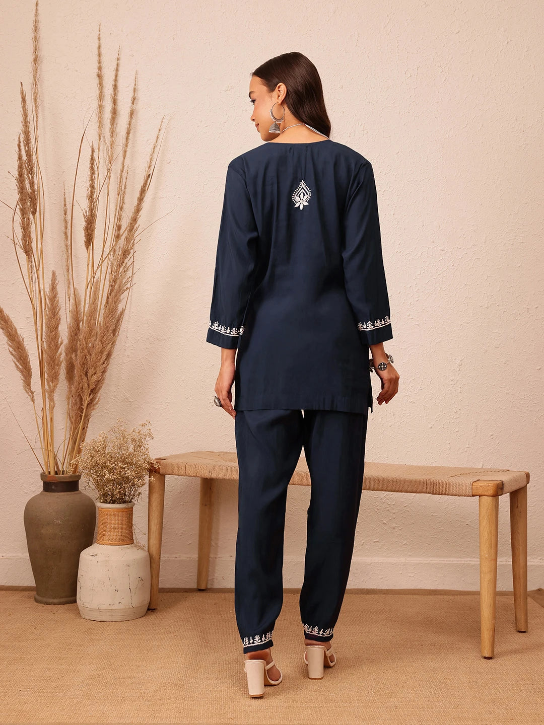 Ada Hand Embroidered Navy Blue Cotton Lucknowi Chikankari Co-Ord Set A811296
