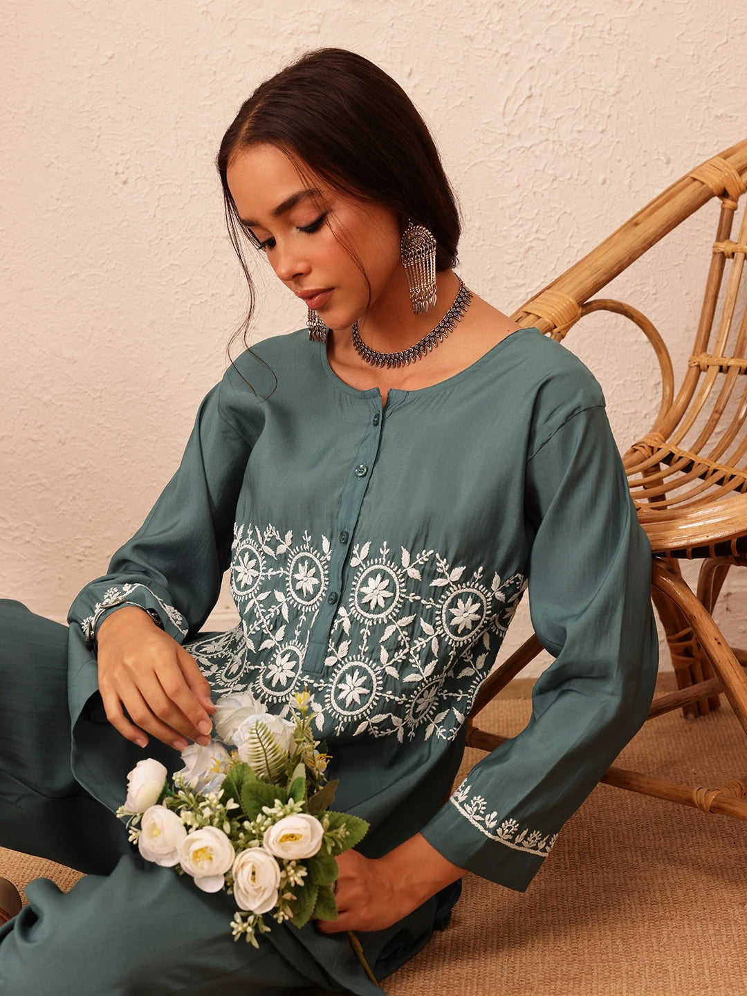 Ada Hand Embroidered Slate Grey Cotton Lucknowi Chikankari Co-ord Set A811297