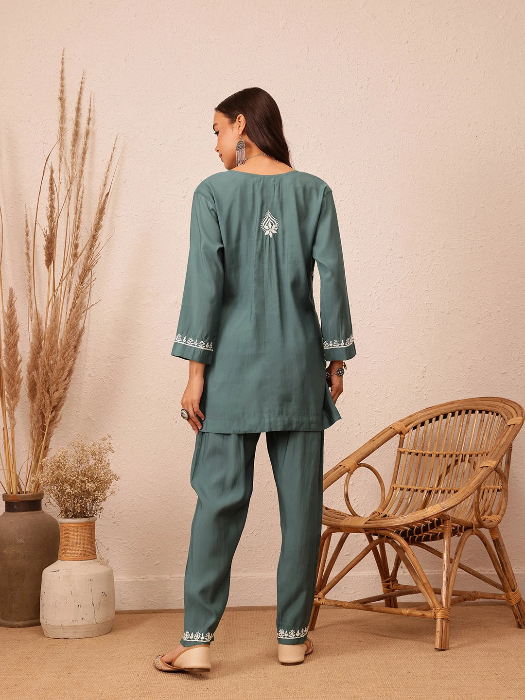Ada Hand Embroidered Slate Grey Cotton Lucknowi Chikankari Co-ord Set A811297