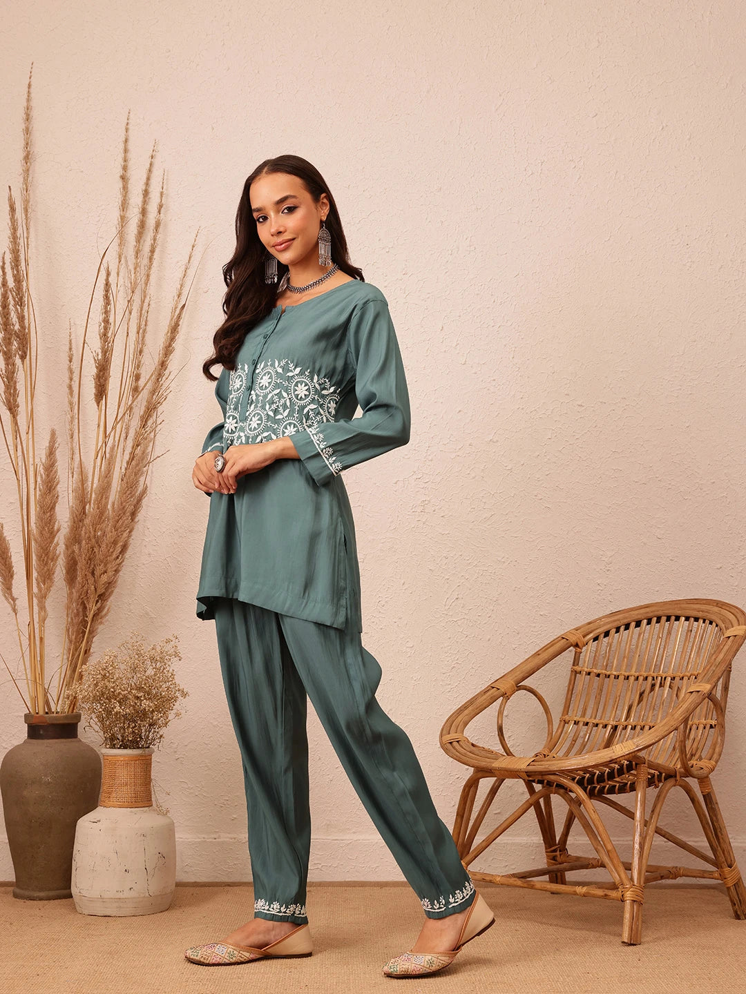 Ada Hand Embroidered Slate Grey Cotton Lucknowi Chikankari Co-ord Set A811297