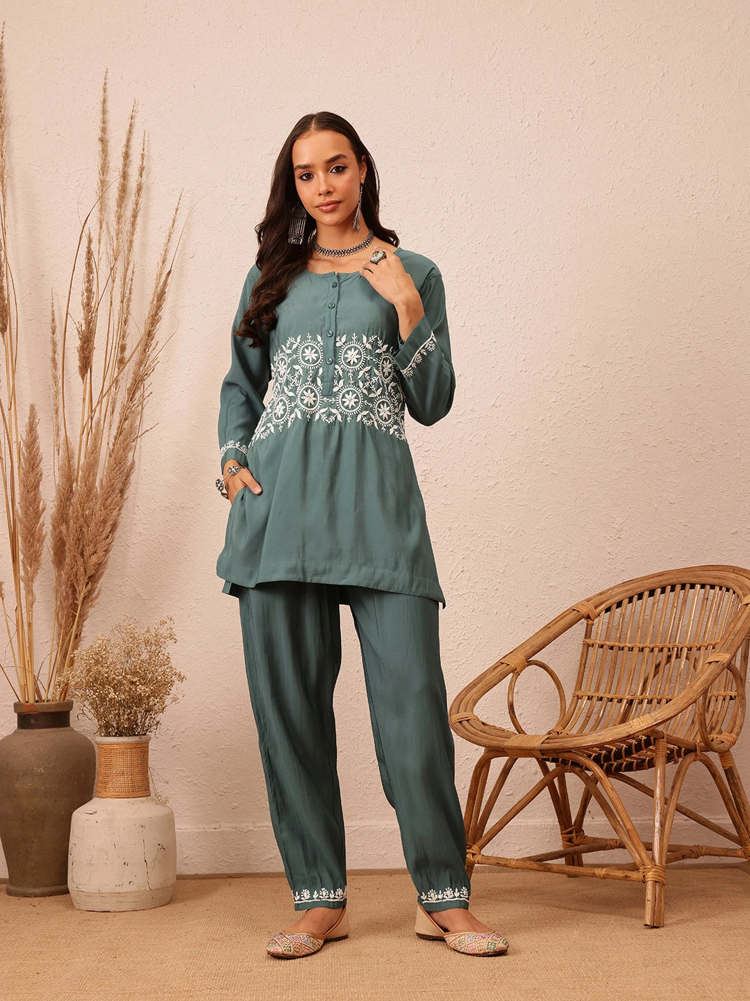 Ada Hand Embroidered Slate Grey Cotton Lucknowi Chikankari Co-ord Set A811297