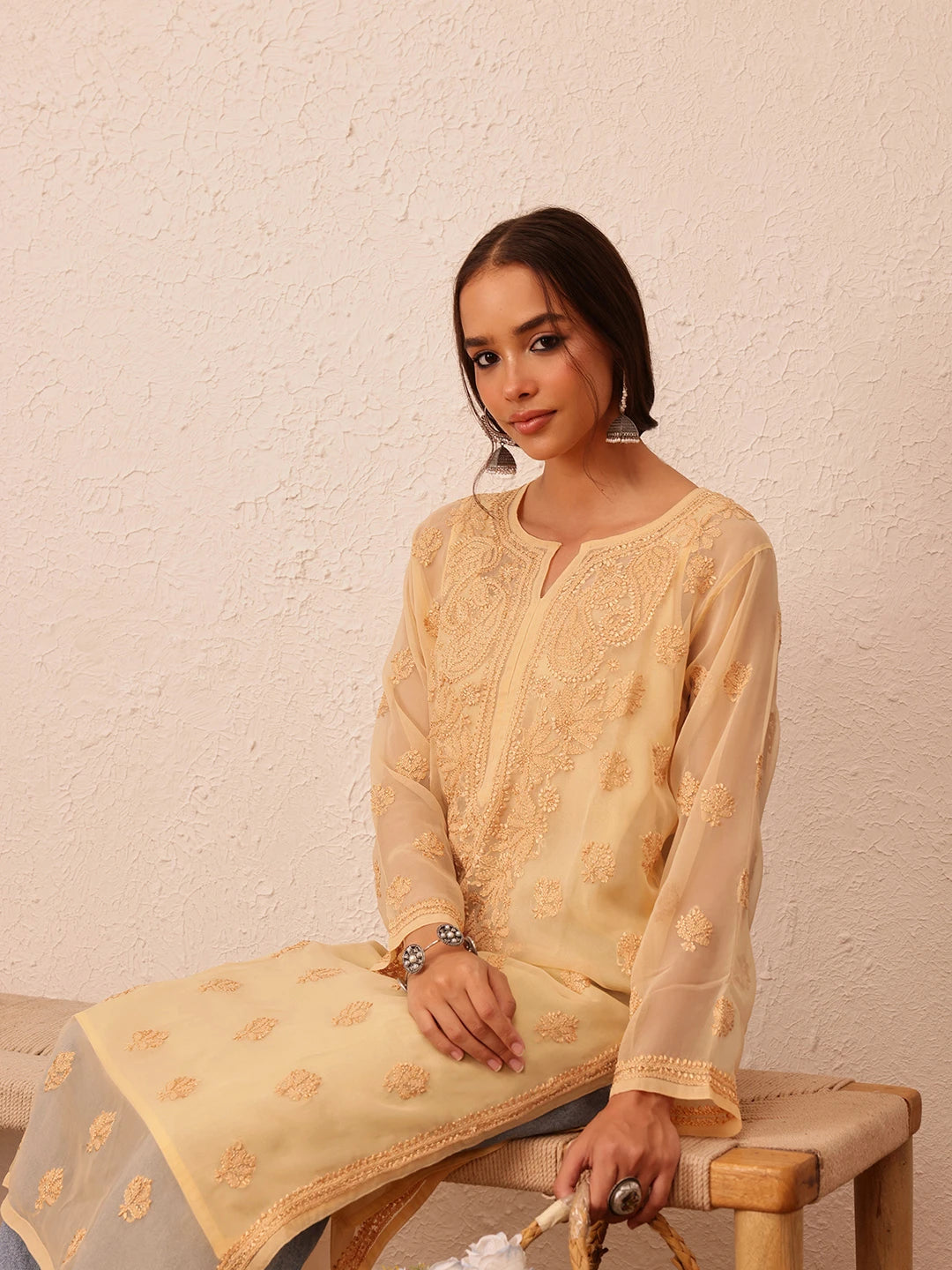 Ada Hand Embroidered Fawn Georgette Lucknowi Chikankari Straight Kurta with Slip A130702