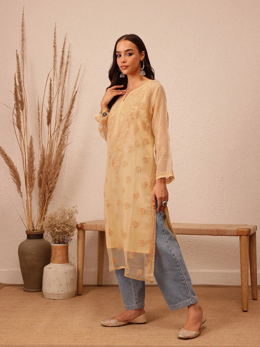 Ada Hand Embroidered Fawn Georgette Lucknowi Chikankari Straight Kurta with Slip A130702