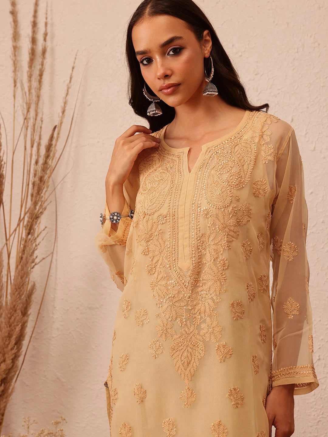 Ada Hand Embroidered Fawn Georgette Lucknowi Chikankari Straight Kurta with Slip A130702