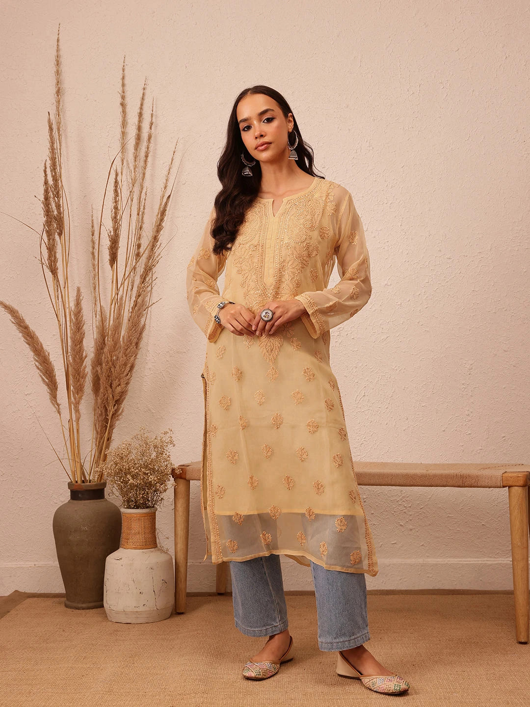 Ada Hand Embroidered Fawn Georgette Lucknowi Chikankari Straight Kurta with Slip A130702