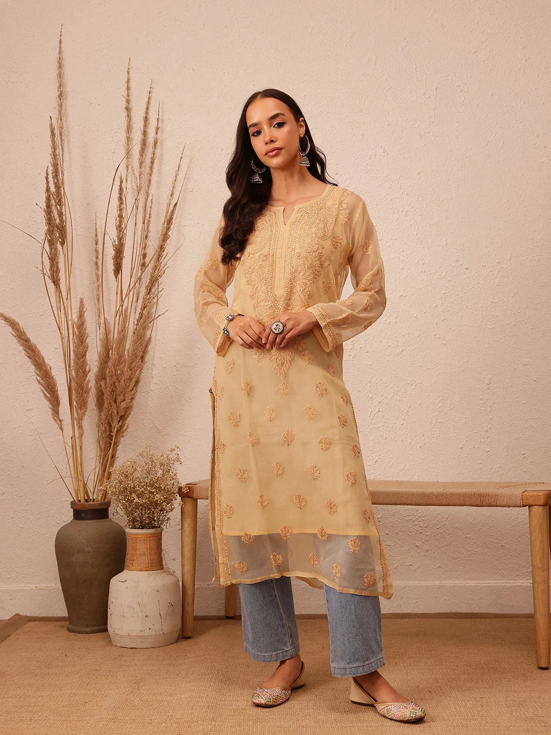 Ada Hand Embroidered Fawn Georgette Lucknowi Chikankari Straight Kurta with Slip A130702