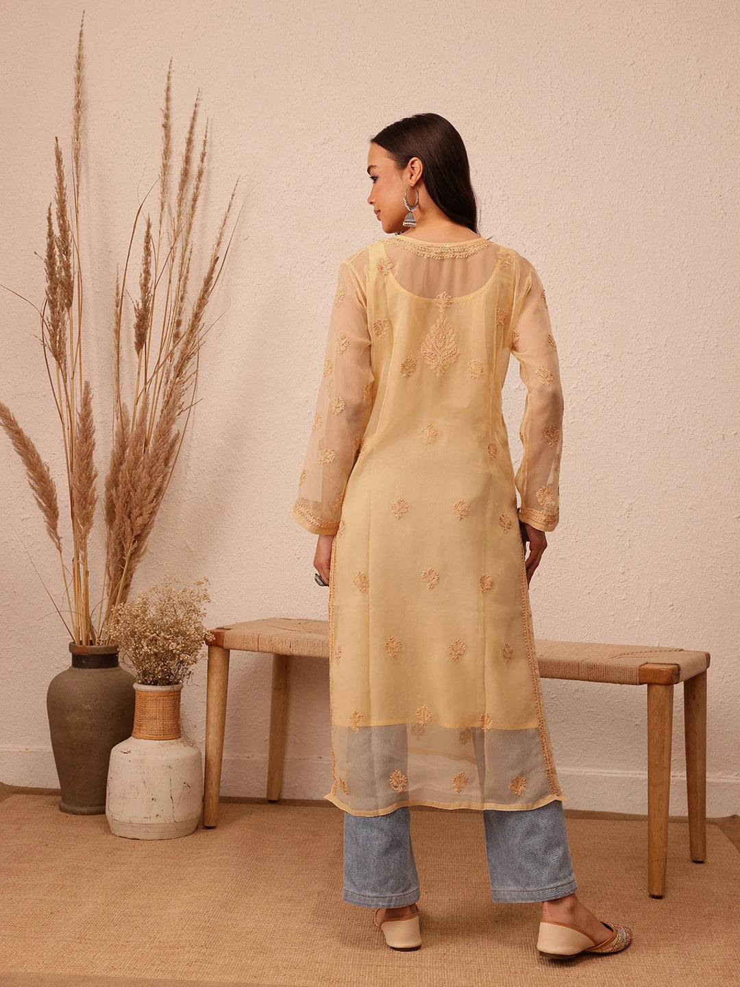 Ada Hand Embroidered Fawn Georgette Lucknowi Chikankari Straight Kurta with Slip A130702