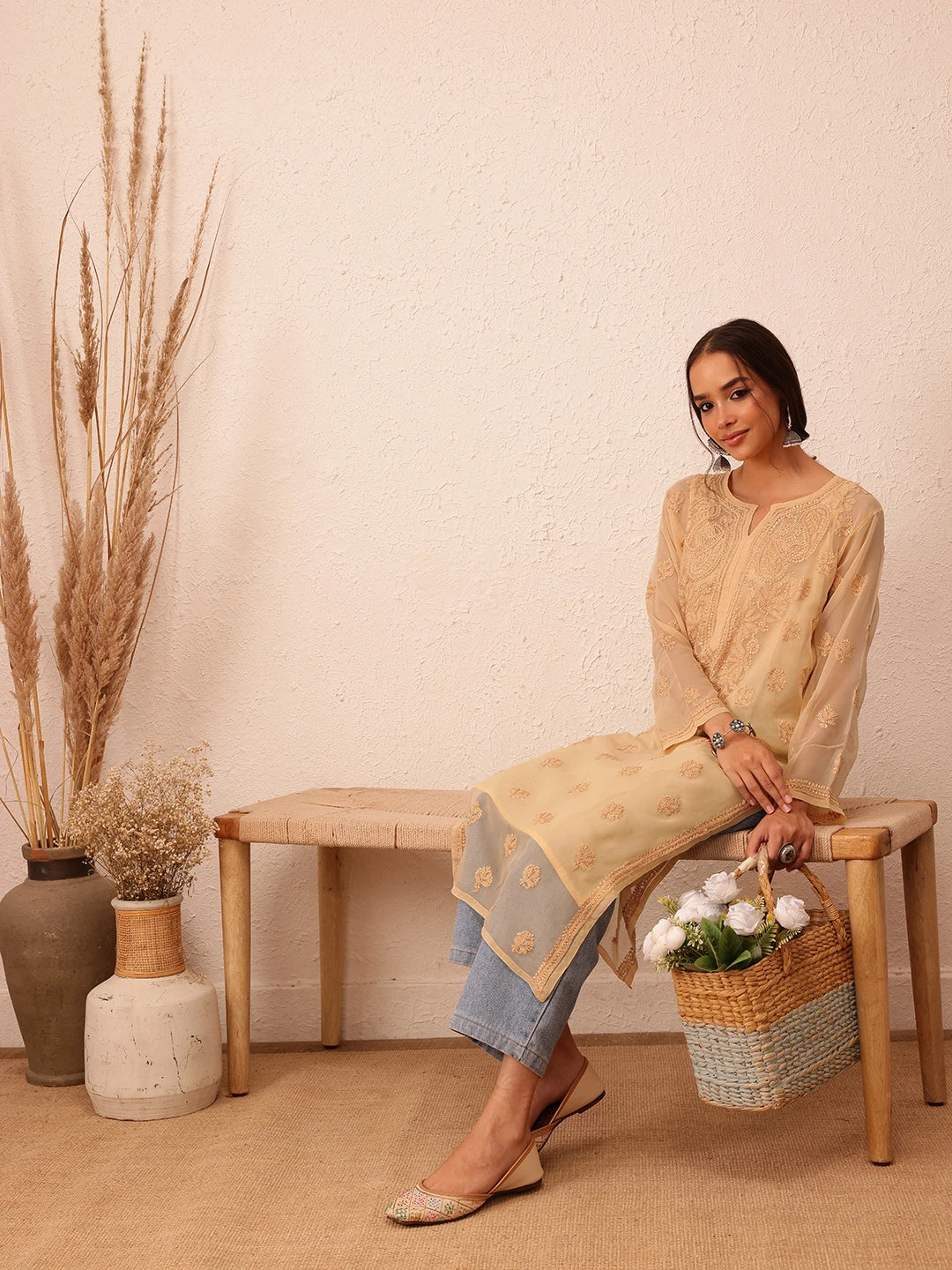 Ada Hand Embroidered Fawn Georgette Lucknowi Chikankari Straight Kurta with Slip A130702