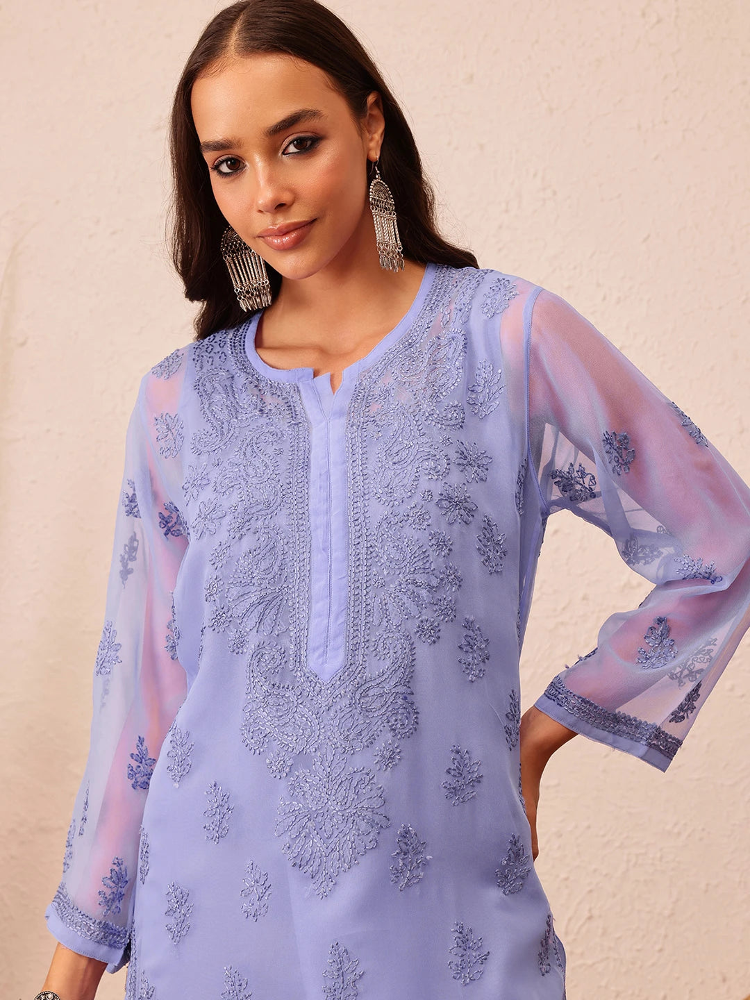 Ada Hand Embroidered Mauve Georgette Lucknow Chikankari Kurta with Slip A229403