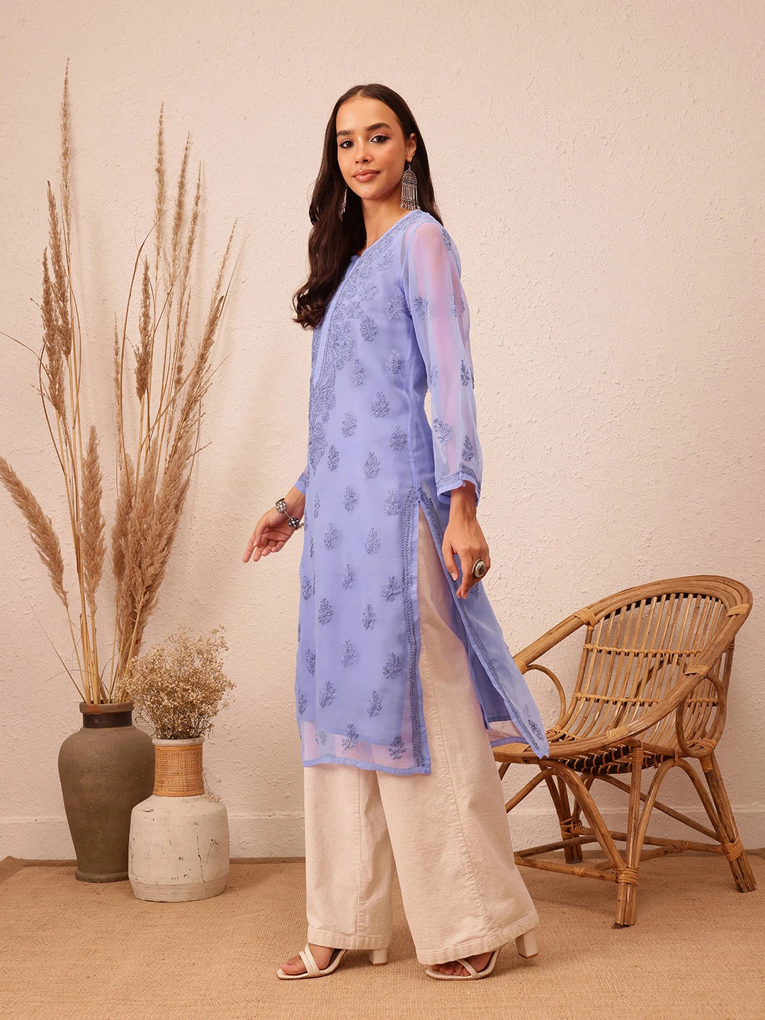 Ada Hand Embroidered Mauve Georgette Lucknow Chikankari Kurta with Slip A229403