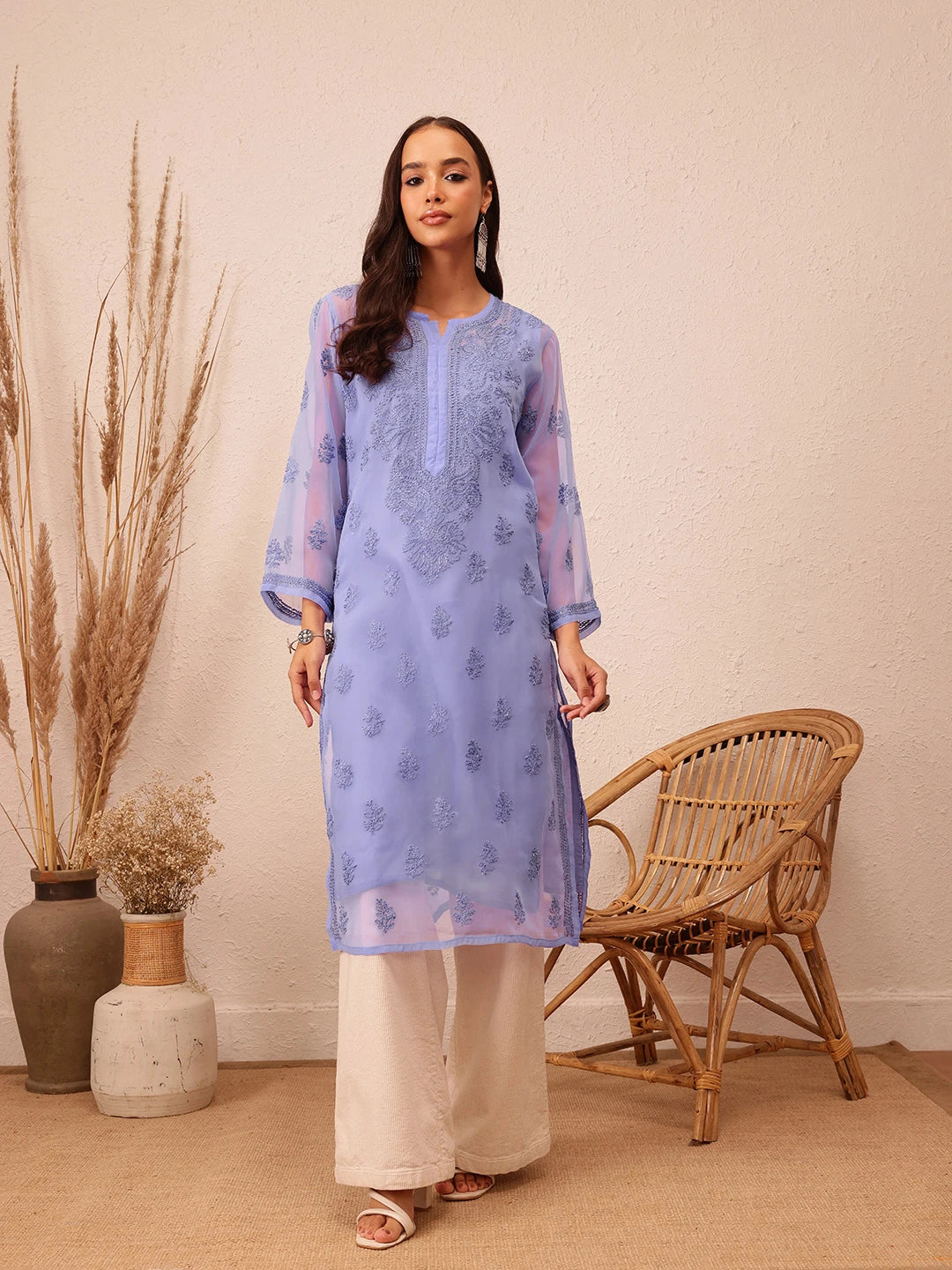 Ada Hand Embroidered Mauve Georgette Lucknow Chikankari Kurta with Slip A229403