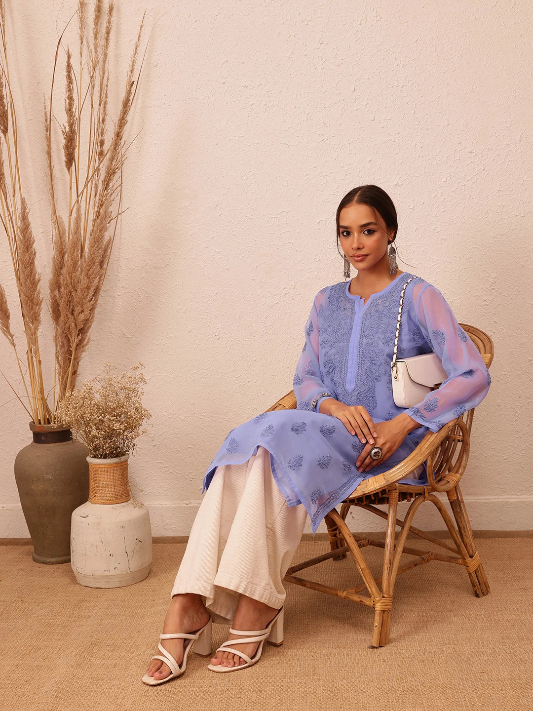 Ada Hand Embroidered Mauve Georgette Lucknow Chikankari Kurta with Slip A229403