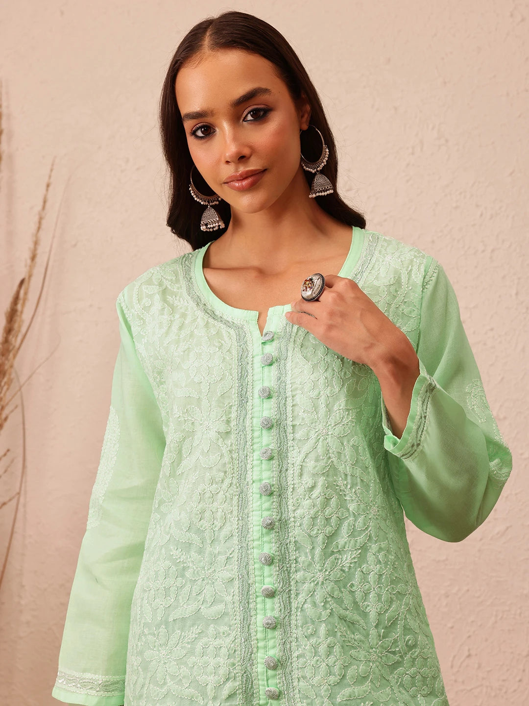 Ada Hand Embroidered Pista Green Cotton Lucknowi Chikankari Kurti With Zari Work A911203
