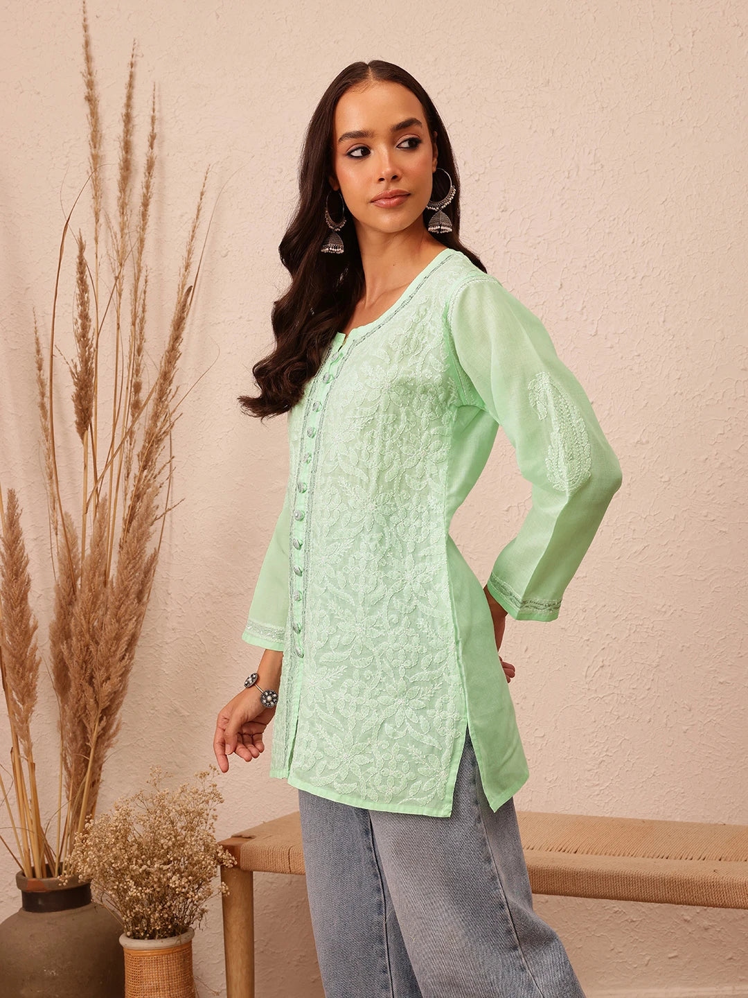 Ada Hand Embroidered Pista Green Cotton Lucknowi Chikankari Kurti With Zari Work A911203
