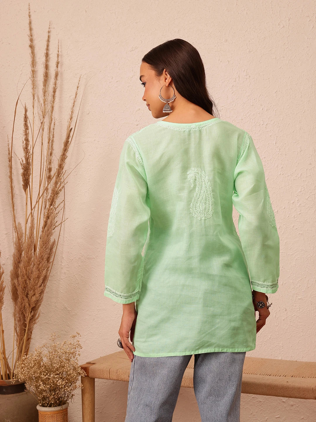 Ada Hand Embroidered Pista Green Cotton Lucknowi Chikankari Kurti With Zari Work A911203