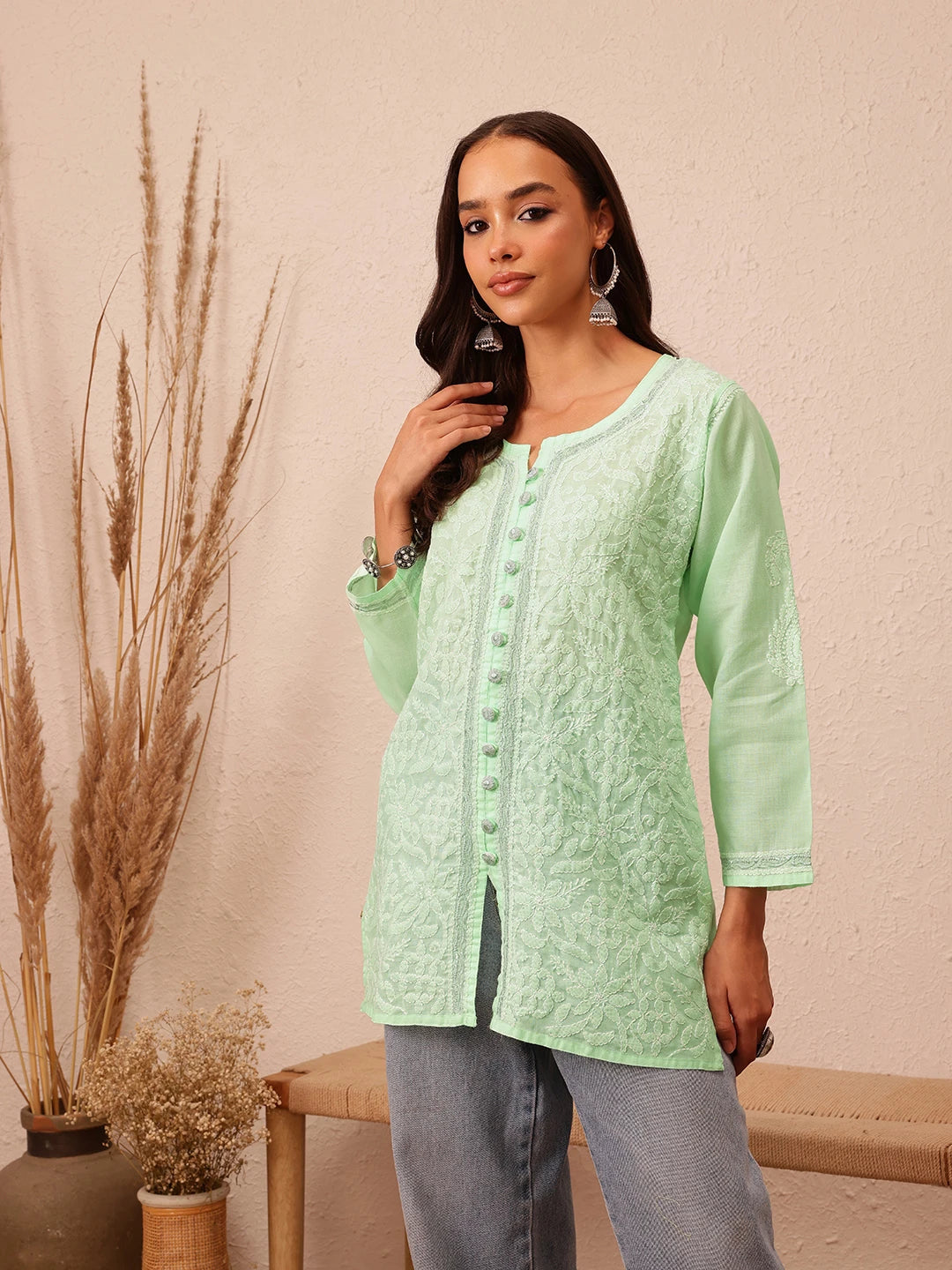 Ada Hand Embroidered Pista Green Cotton Lucknowi Chikankari Kurti With Zari Work A911203