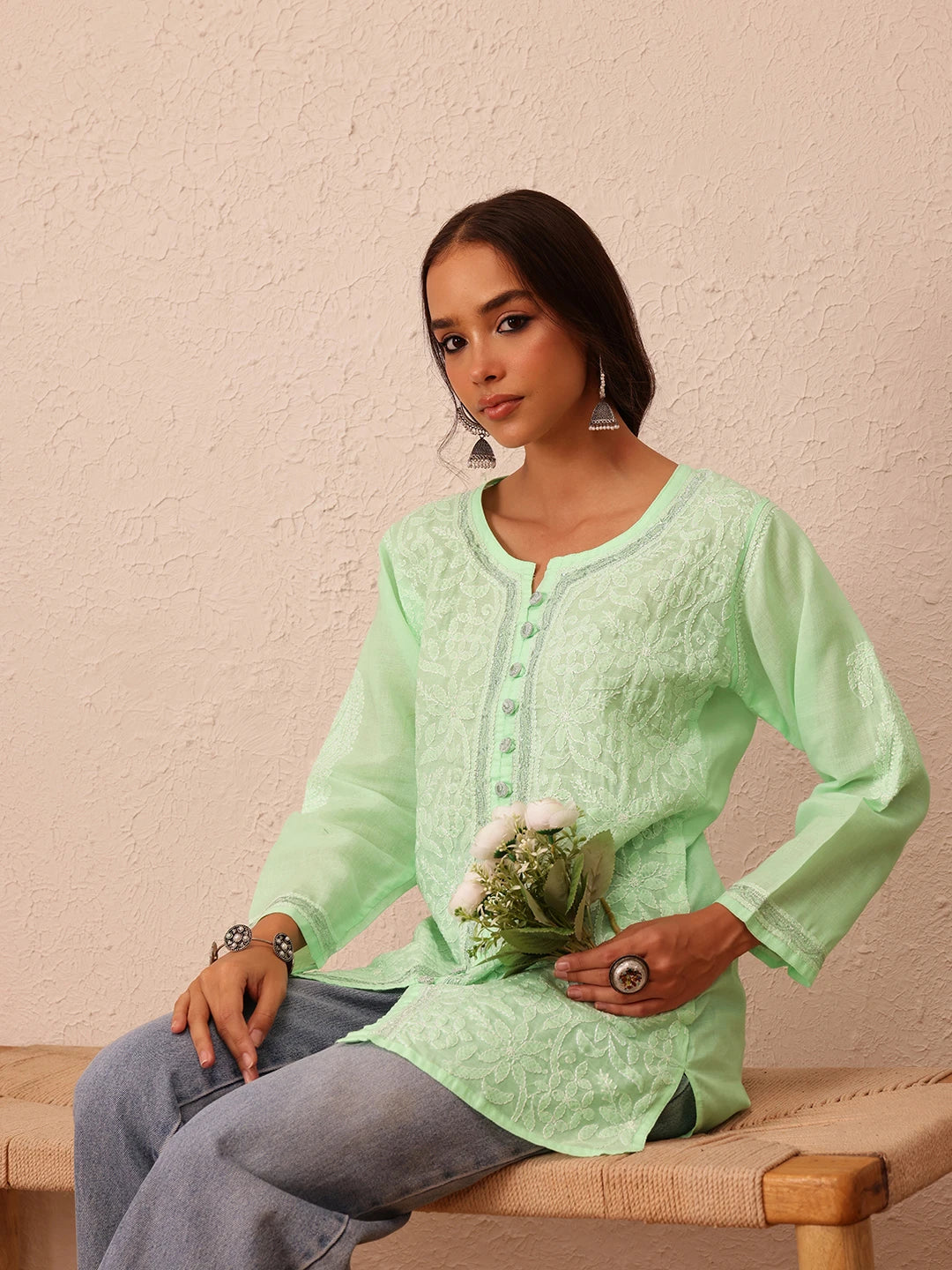 Ada Hand Embroidered Pista Green Cotton Lucknowi Chikankari Kurti With Zari Work A911203