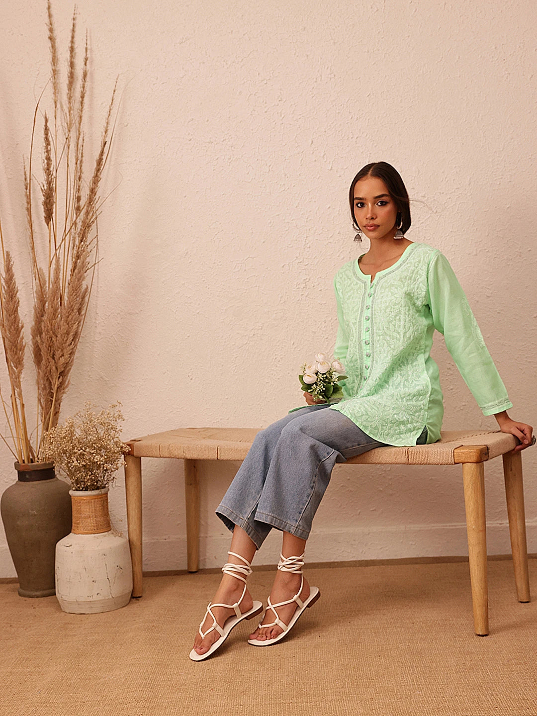 Ada Hand Embroidered Pista Green Cotton Lucknowi Chikankari Kurti With Zari Work A911203
