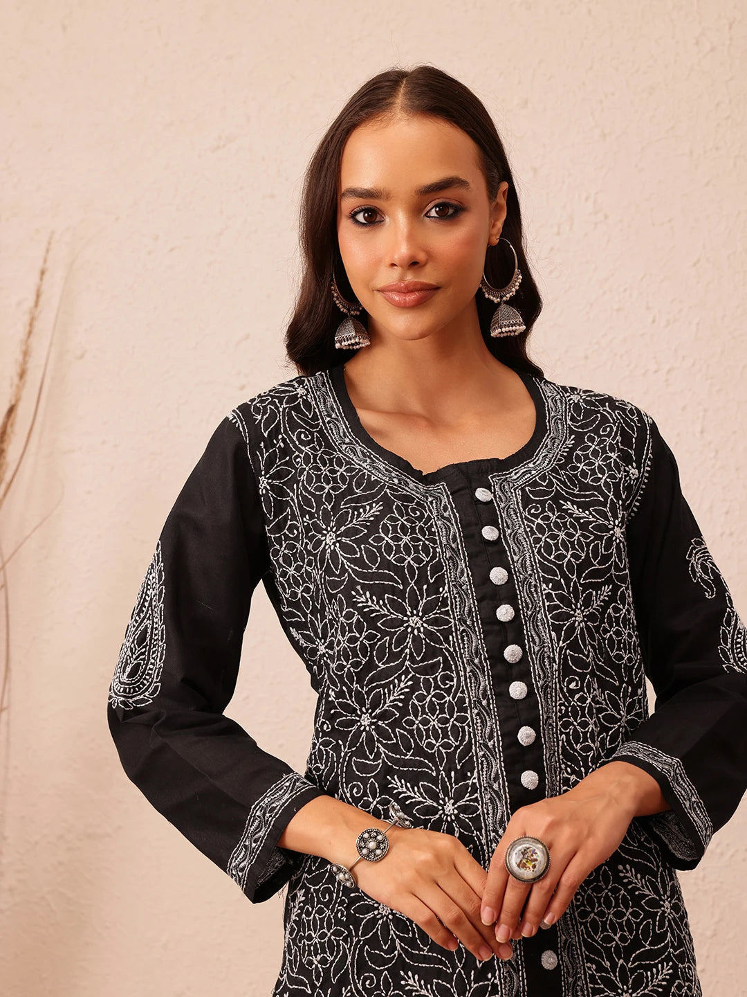 Ada Hand Embroidered Black Cotton Lucknowi Chikankari Straight Kurti With Zari Work A911321