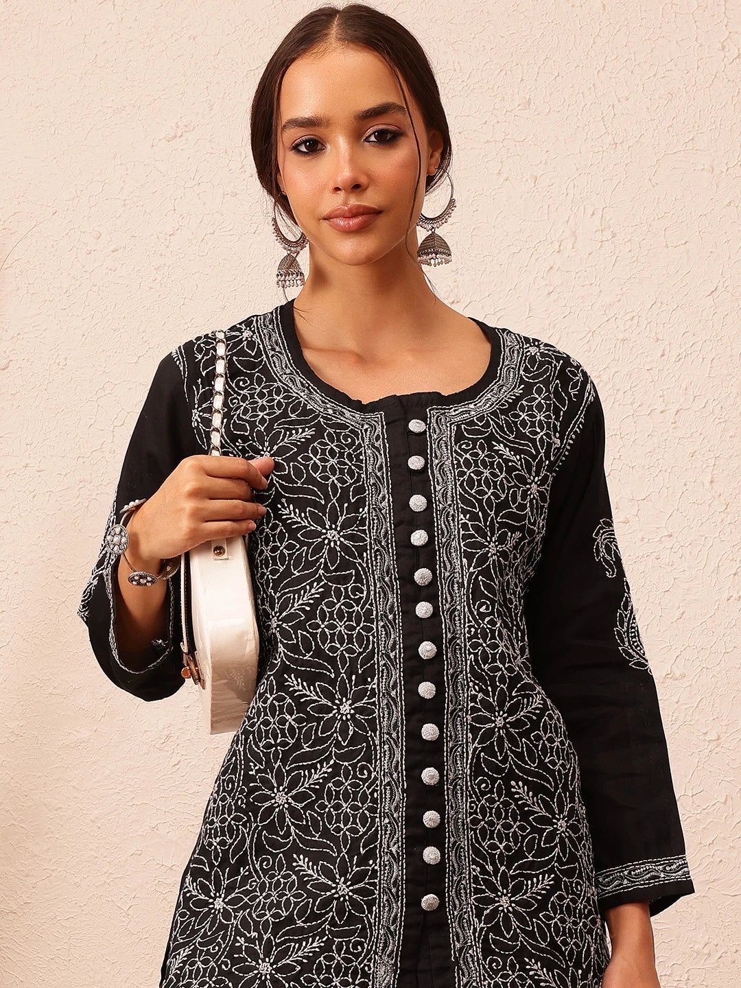 Ada Hand Embroidered Black Cotton Lucknowi Chikankari Straight Kurti With Zari Work A911321
