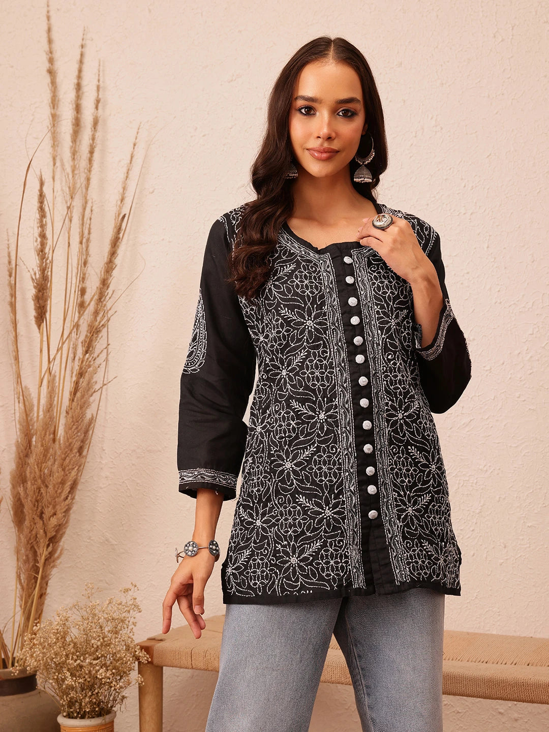 Ada Hand Embroidered Black Cotton Lucknowi Chikankari Straight Kurti With Zari Work A911321