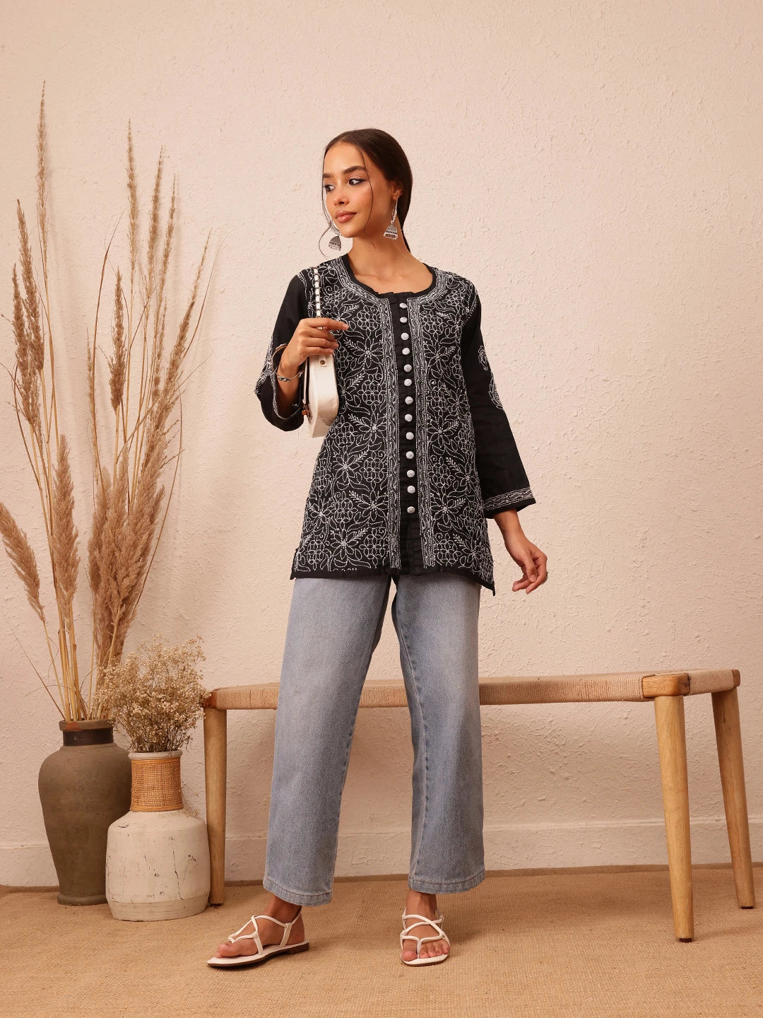 Ada Hand Embroidered Black Cotton Lucknowi Chikankari Straight Kurti With Zari Work A911321