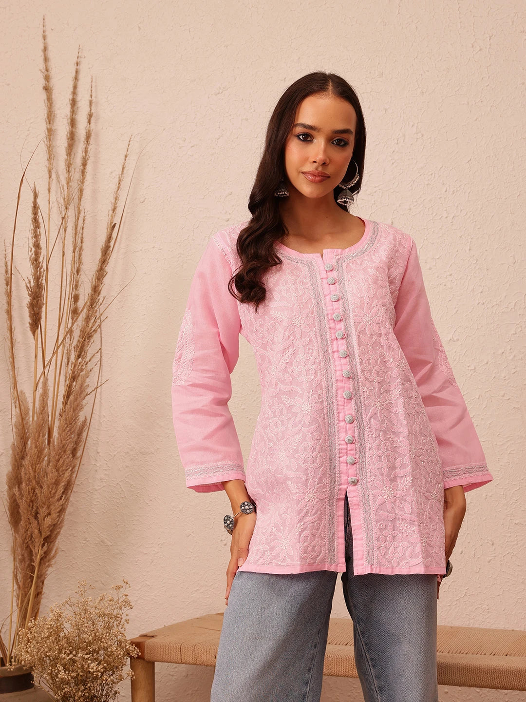 Ada Hand Embroidered Pink Cotton Lucknowi Chikankari Short Kurti With Zari Work A911202